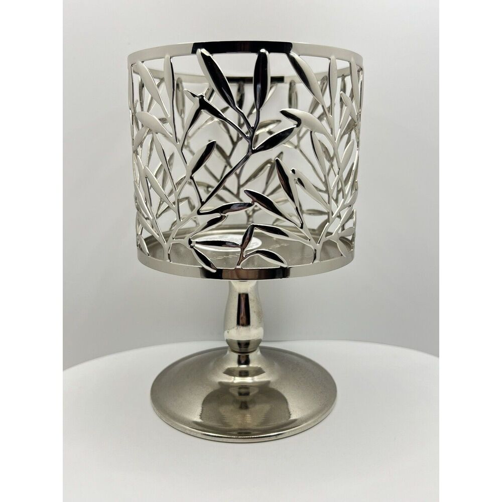VINE LEAF PEDESTAL Large Silver 3-Wick Candle Holder Bath & Body Work ~ USED